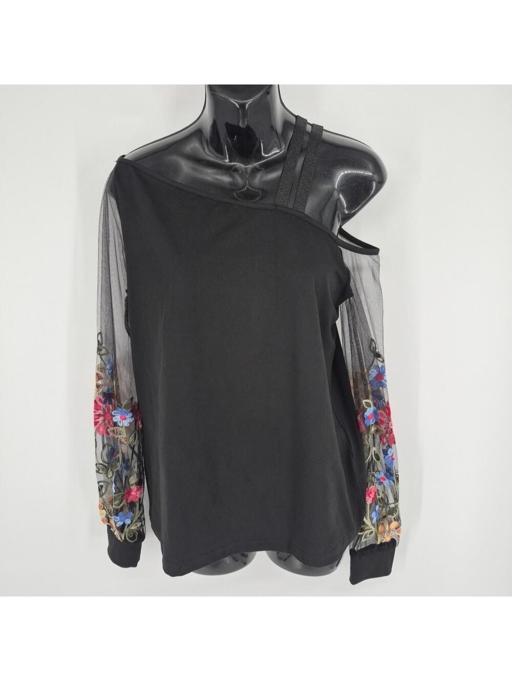 Chic Me Black Floral Embroidered Sheer Sleeve Open Shoulder Blouse Sz S Top